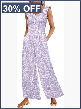 Smocked Wide Leg Jumpsuit with Pockets Sleeveless Summer Romper
